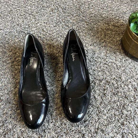 Cole Haan NikeAir Wedge Pumps Heel Shoes Size 7 B Black Patent Leather Office - Picture 2 of 7